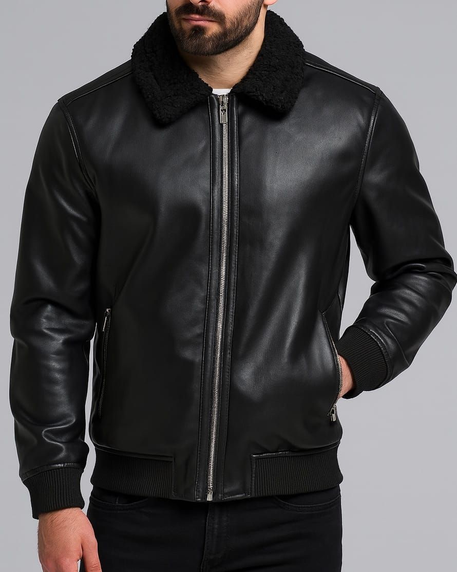 Shearling Collar Leather Jacket gallery.thumbnail 1