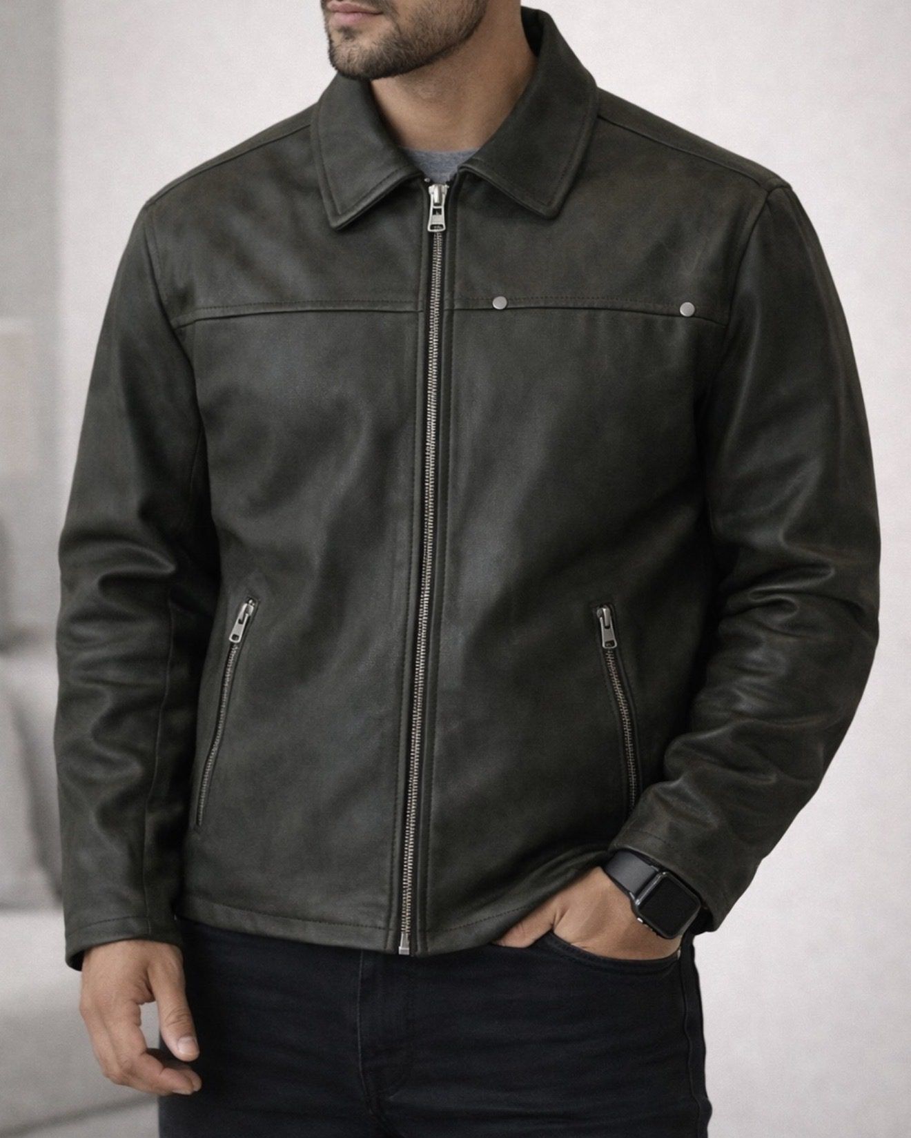 Dark Green Zip Jacket with Classic Collar gallery.thumbnail 2