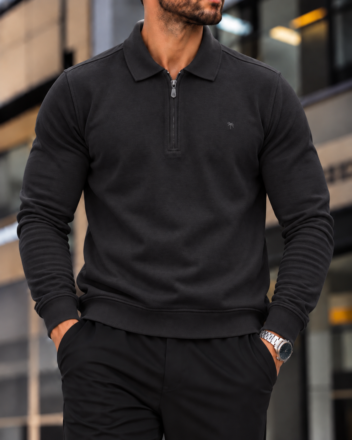 Black PREMIUM HALF-ZIP POLO SWEATSHIRT 1