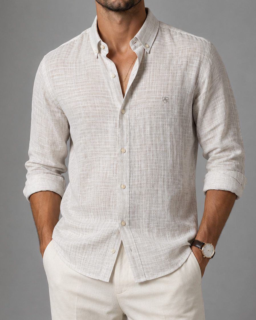 Textured Button-Down Shirt – Beige gallery.thumbnail 2