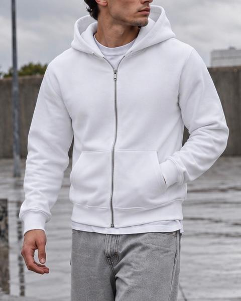 White Clean Zip Hoodie