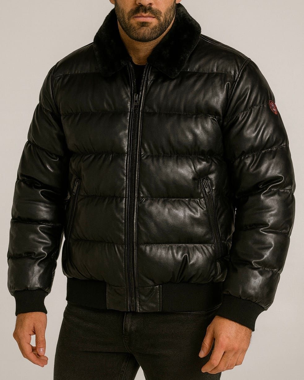 LEATHER PADDED JACKET WITH FAUX FUR COLLAR – BLACK gallery.thumbnail 1