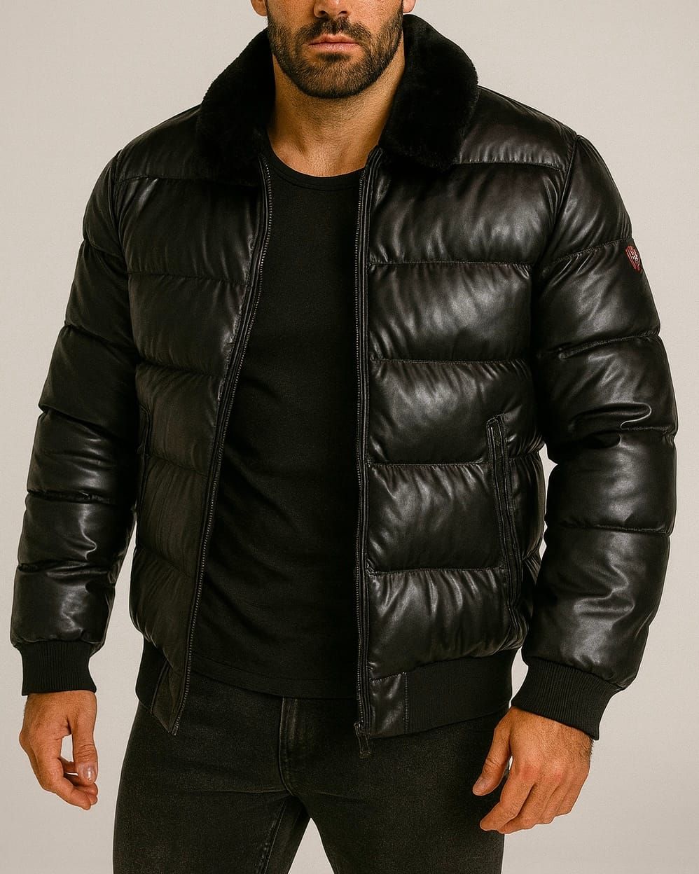 LEATHER PADDED JACKET WITH FAUX FUR COLLAR – BLACK gallery.thumbnail 2
