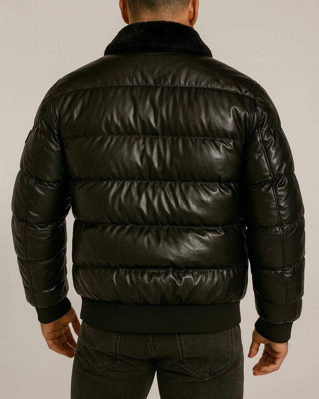 LEATHER PADDED JACKET WITH FAUX FUR COLLAR – BLACK gallery.thumbnail 3