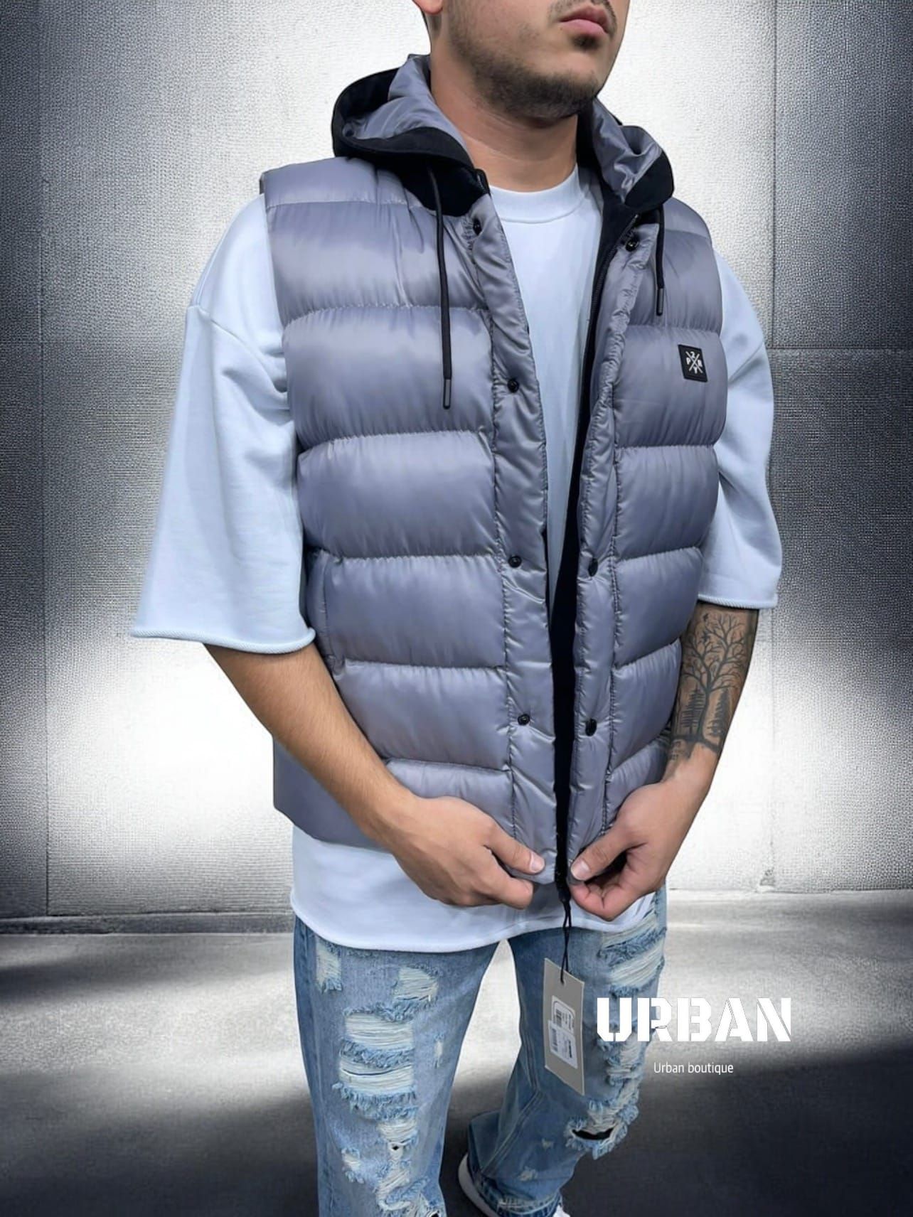 Grey Hooded Puffer Vest gallery.thumbnail 1