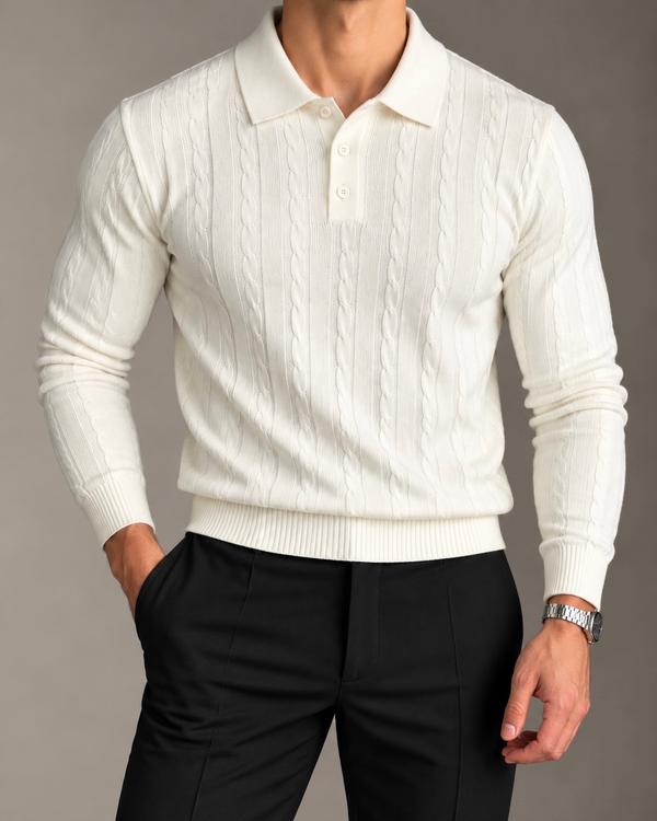 White Textured Knit Polo Sweater