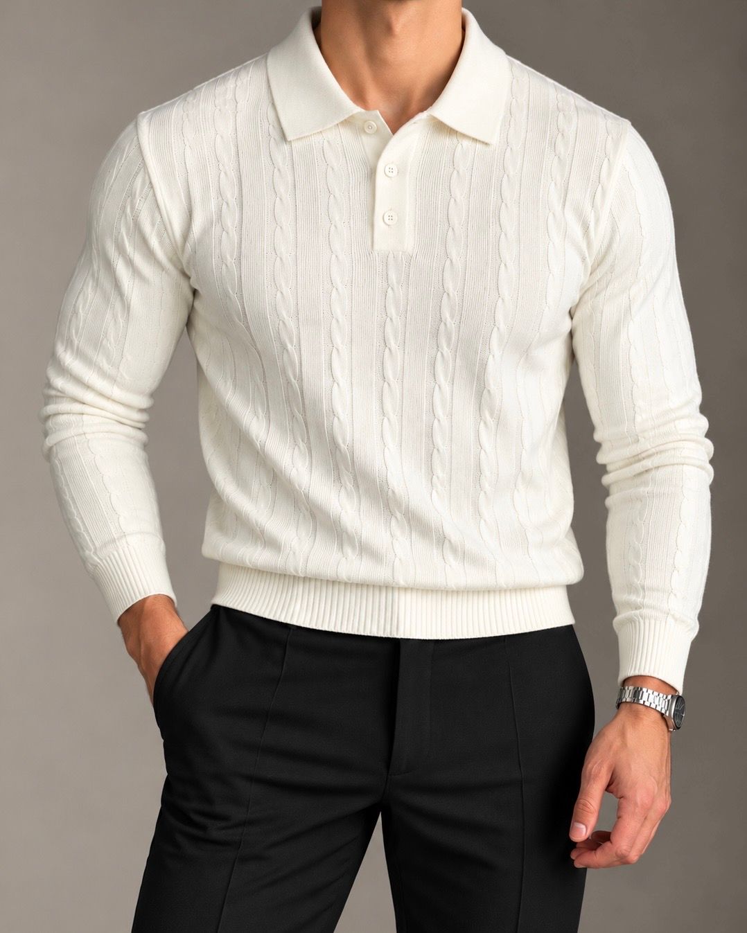 White Textured Knit Polo Sweater 1