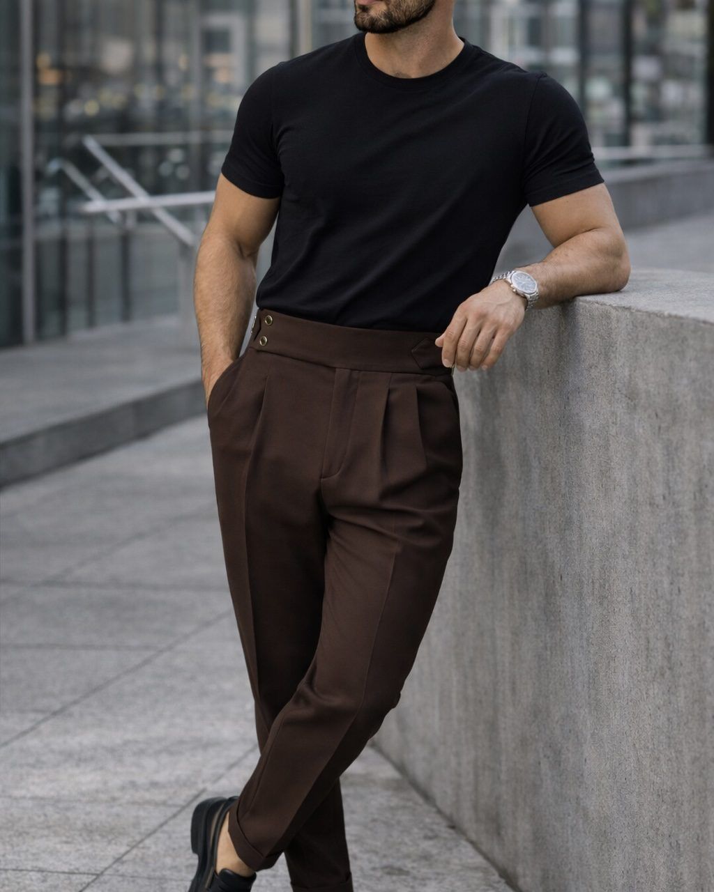 Double Pleat Side Adjuster Trousers – Espresso Brown gallery.thumbnail 2
