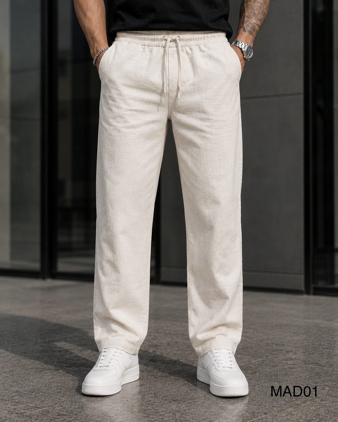Relaxed Drawstring Linen Trousers – Cream 1