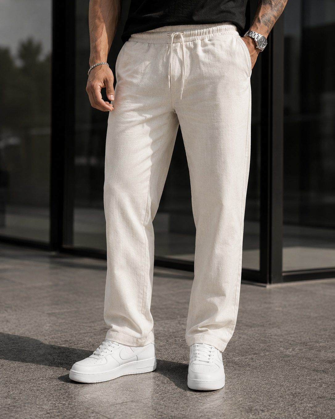Relaxed Drawstring Linen Trousers – Cream gallery.thumbnail 2