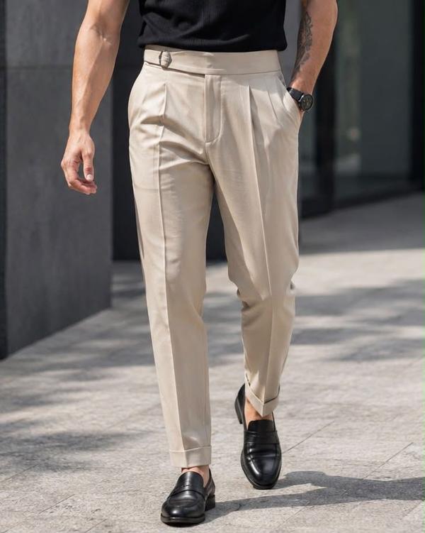 Double Pleat Side Adjuster Trousers – Cream