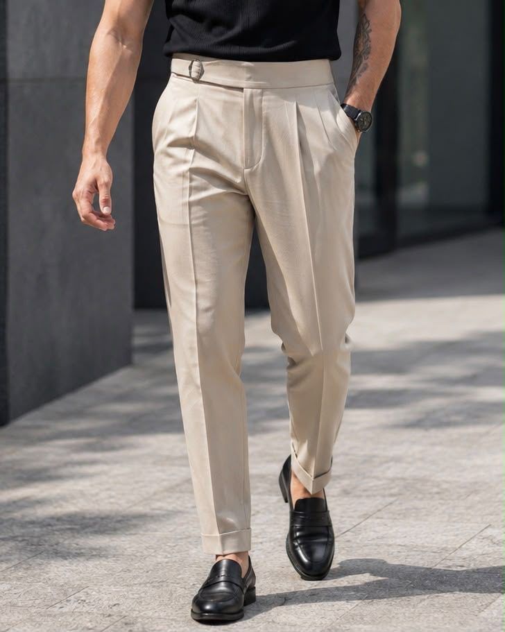 Double Pleat Side Adjuster Trousers – Cream 1