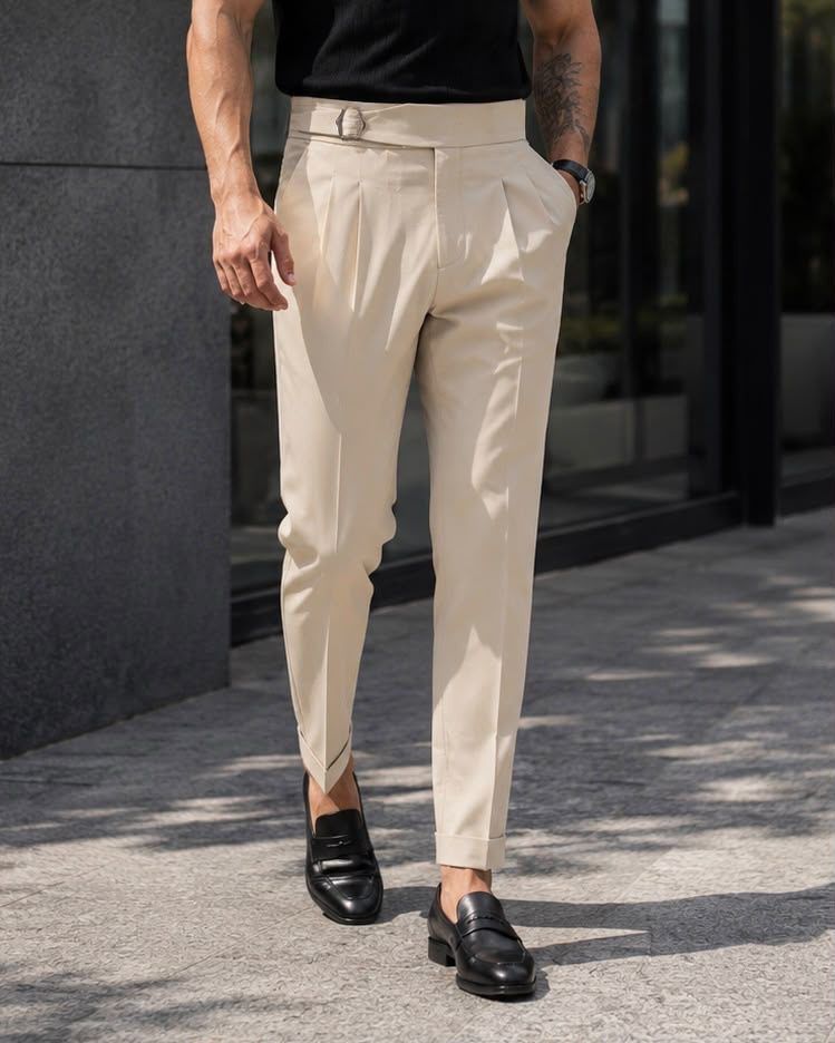 Double Pleat Side Adjuster Trousers – Cream gallery.thumbnail 2