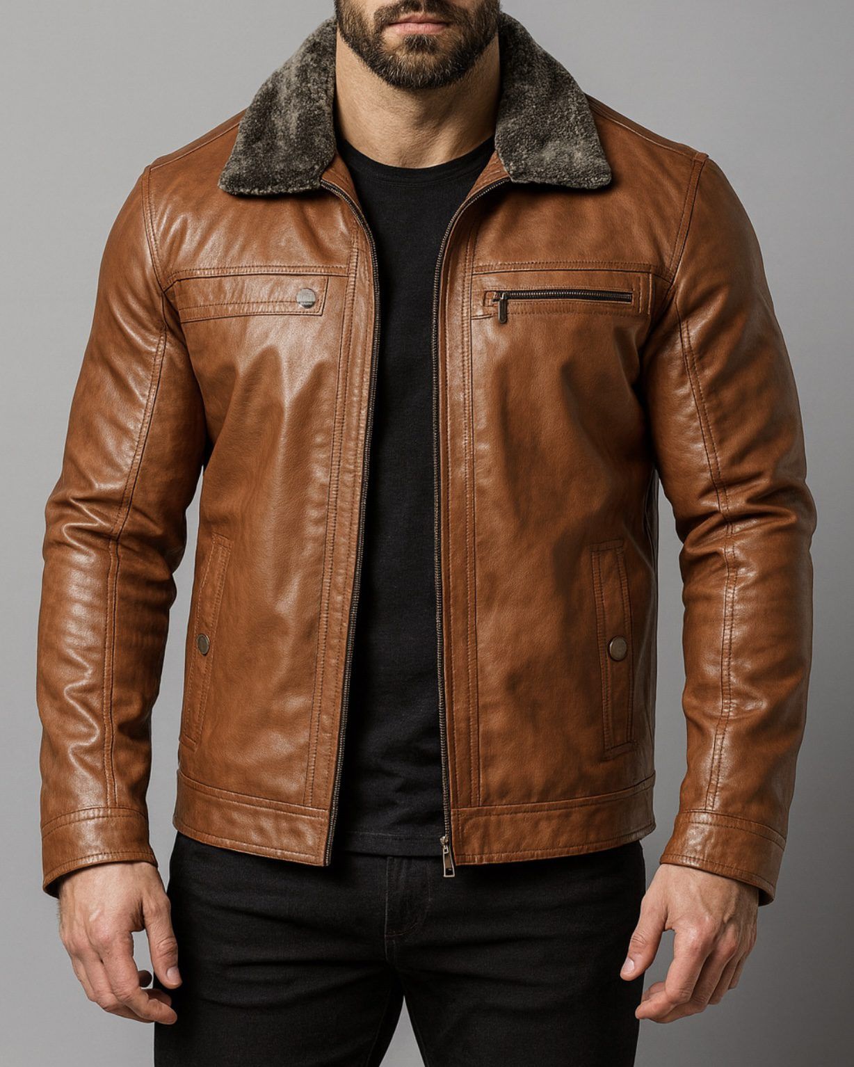 LUX FUR-COLLAR LEATHER JACKET – CAMEL BROWN gallery.thumbnail 2