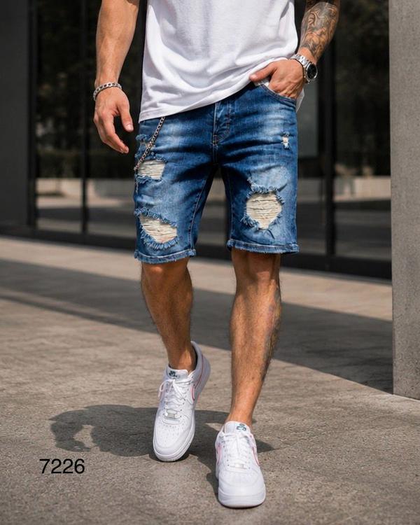 Distressed Chain Denim Shorts – Dark Blue