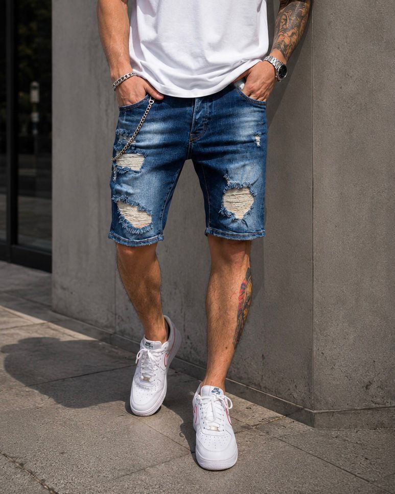 Distressed Chain Denim Shorts – Dark Blue gallery.thumbnail 2
