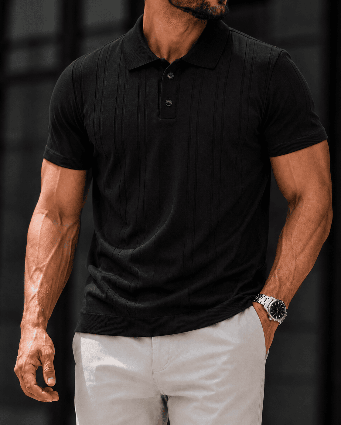 Vertical Knit Polo – Black 1