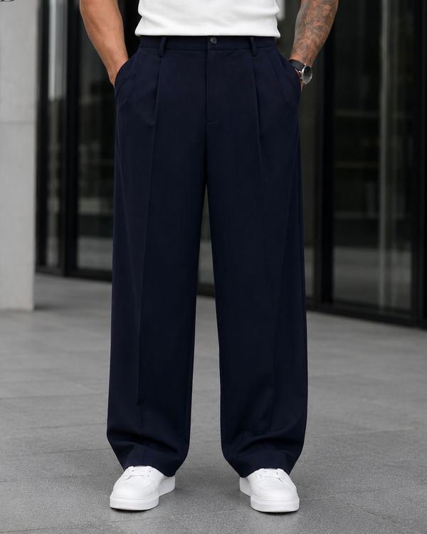 Double Pleat Wide Leg Trousers – Navy Blue