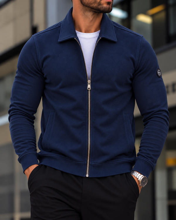 Navy Blue Collared Zip Sweatshirt