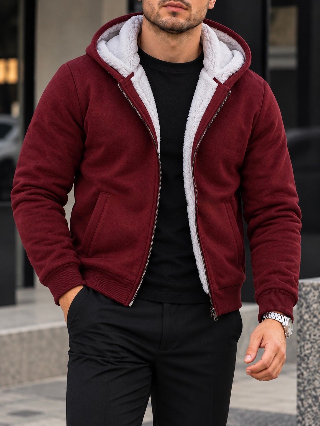 Burgundy Sherpa-Lined Zip Hoodie 1