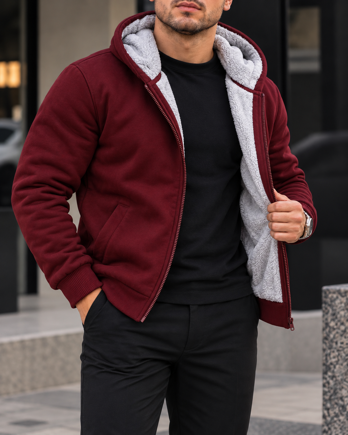 Burgundy Sherpa-Lined Zip Hoodie gallery.thumbnail 2