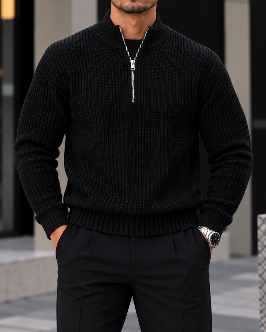 Black Structured Half-Zip Knit Sweater gallery.thumbnail 1