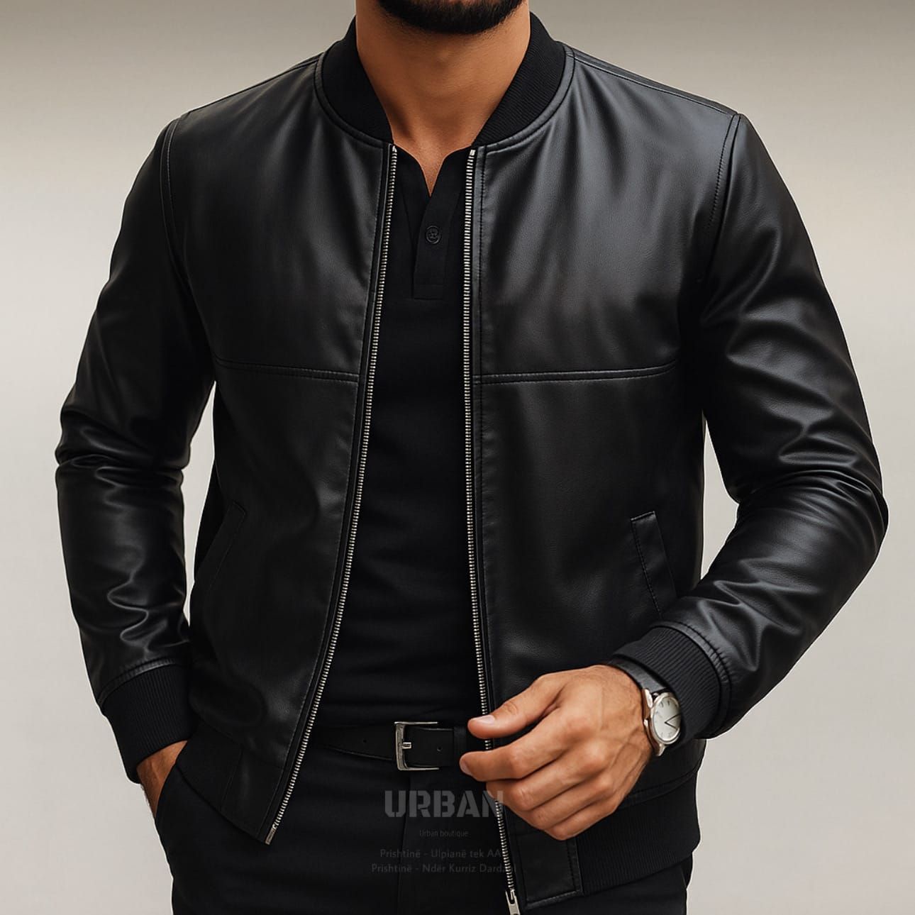 Black Leather Bomber Jacket gallery.thumbnail 1