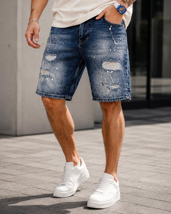Distressed Paint Splash Denim Shorts – Dark Blue