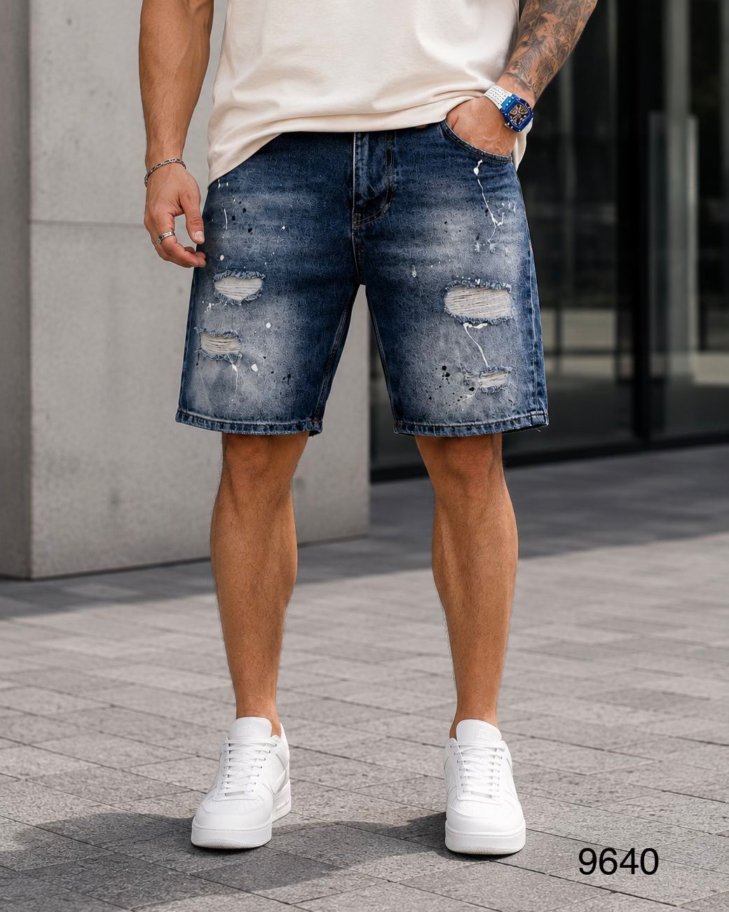 Distressed Paint Splash Denim Shorts – Dark Blue gallery.thumbnail 2