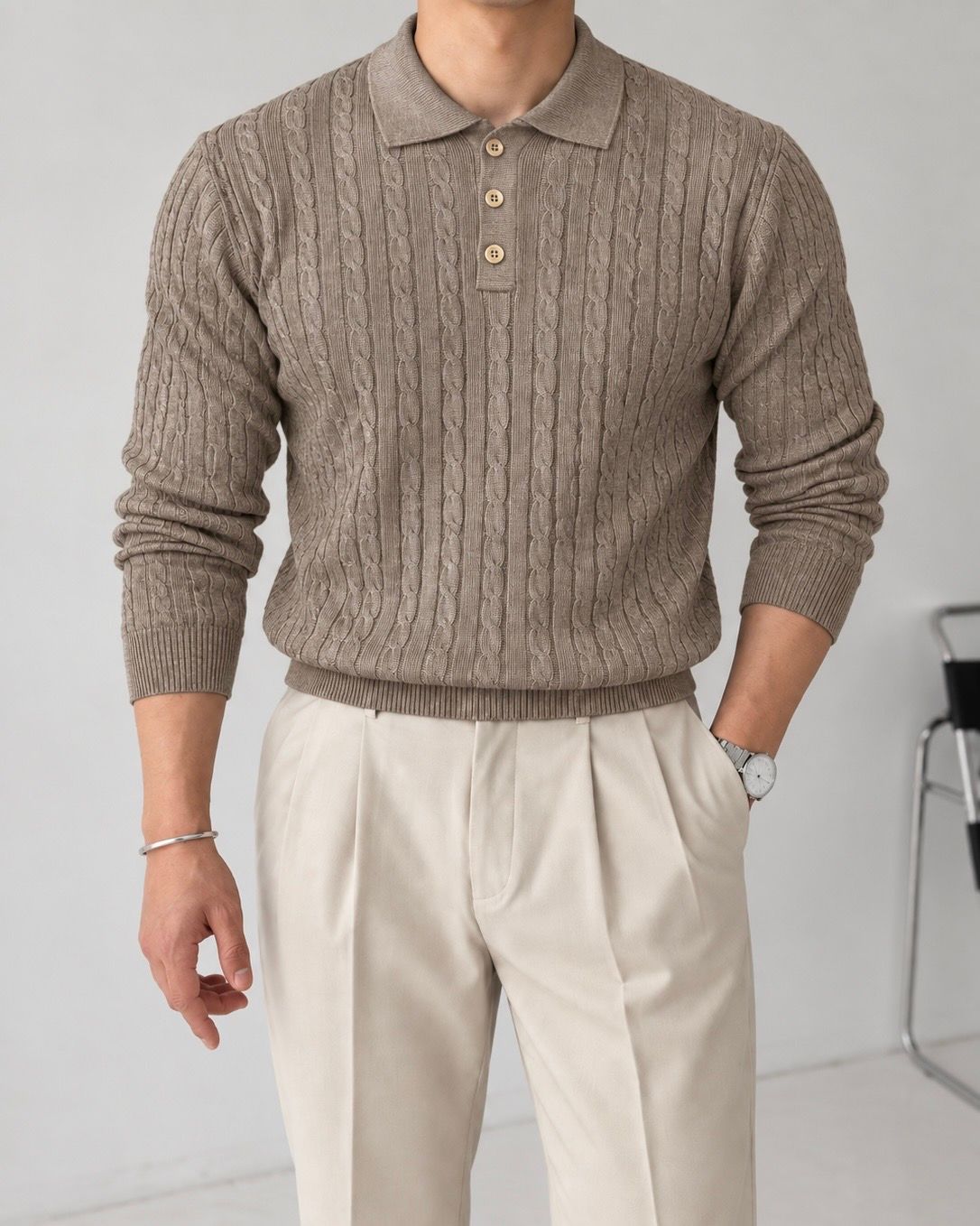 Taupe Textured Knit Polo 1