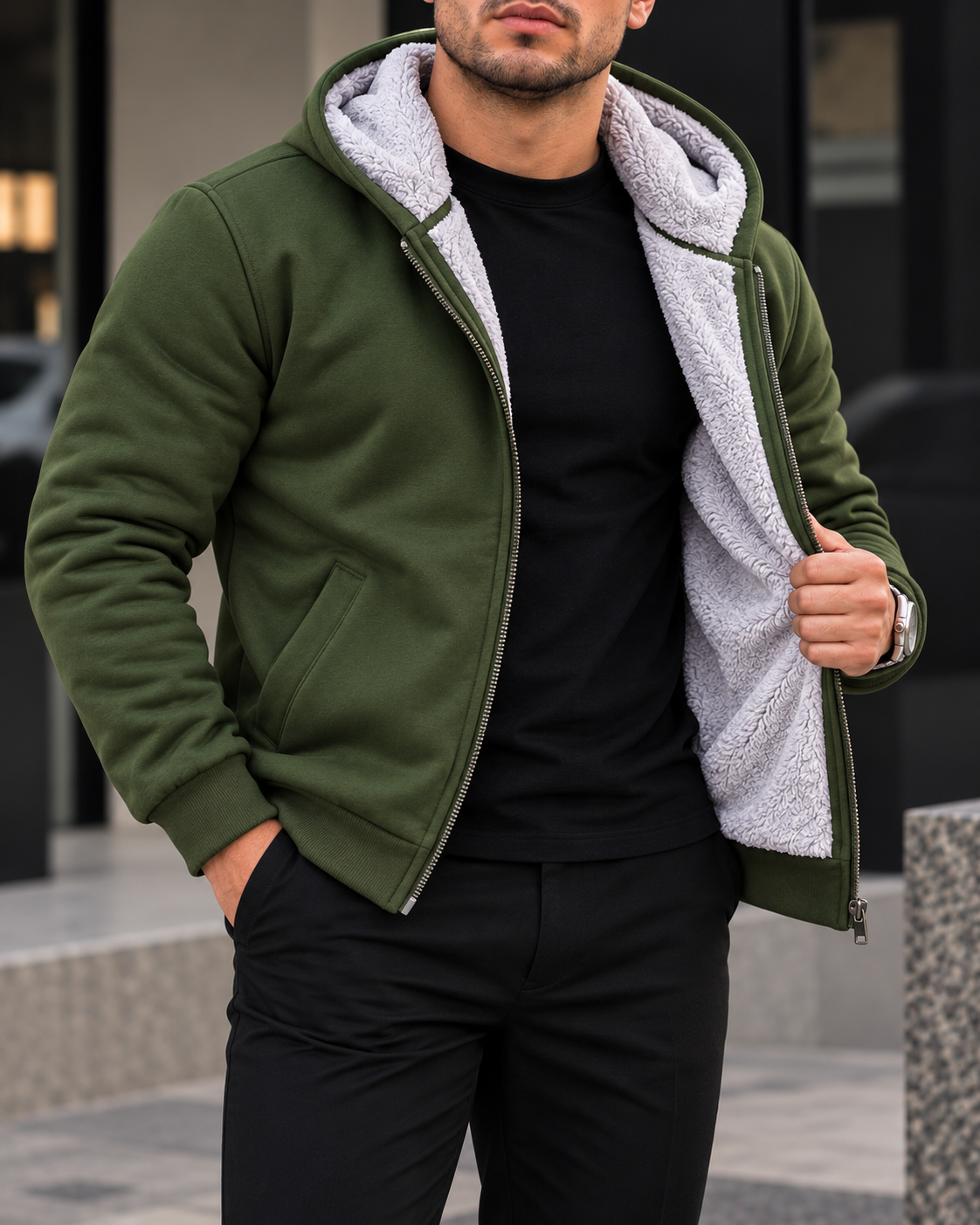 Olive Green Sherpa-Lined Zip Hoodie 2