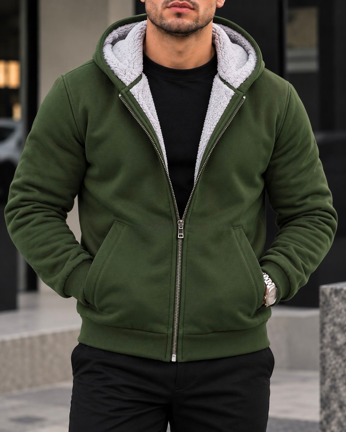 Olive Green Sherpa-Lined Zip Hoodie 1