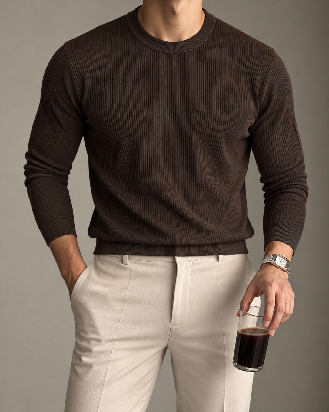 Brown Fine Ribbed Crewneck Knit Sweater 1