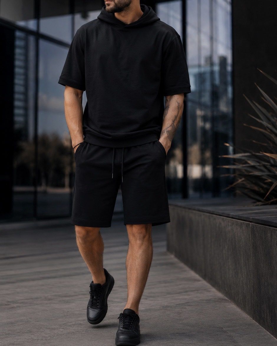 Short Sleeve Hoodie Set - Black gallery.thumbnail 1