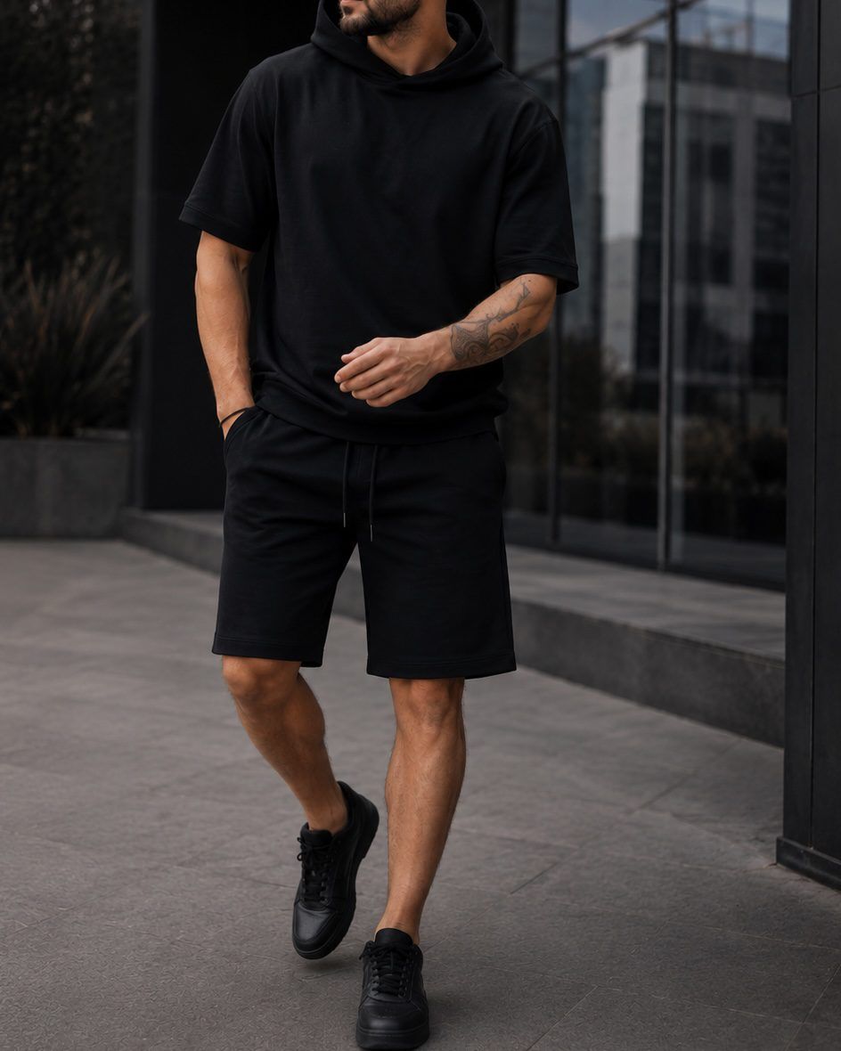 Short Sleeve Hoodie Set - Black gallery.thumbnail 2