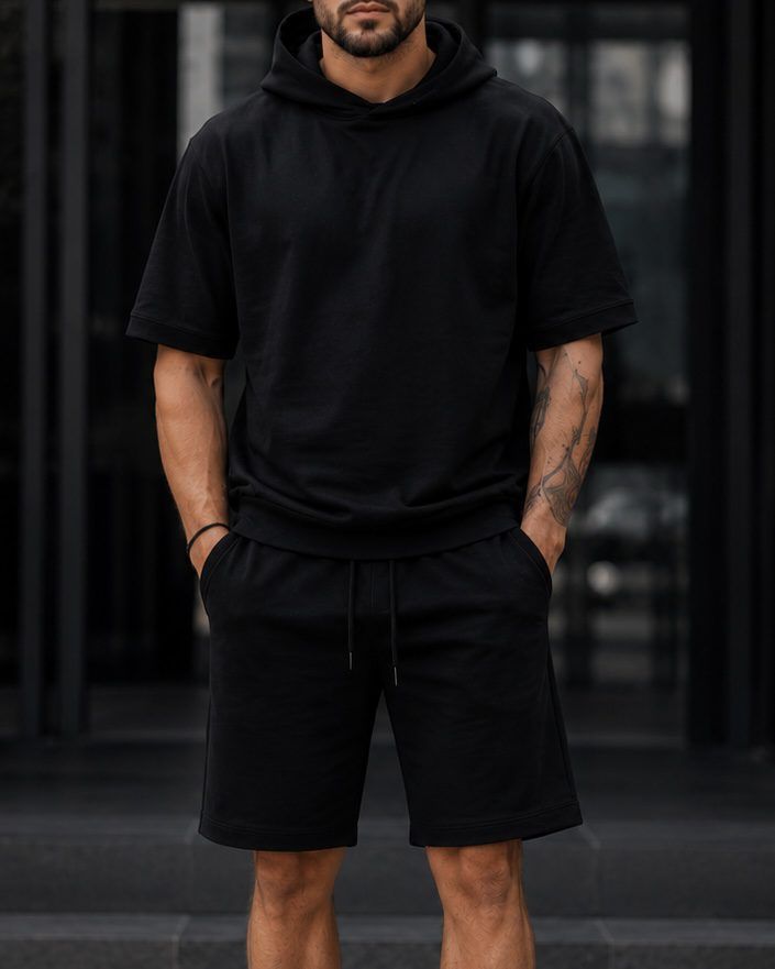 Short Sleeve Hoodie Set - Black gallery.thumbnail 3