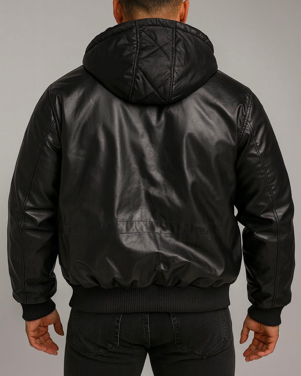 REVERSIBLE LEATHER & FABRIC PUFFER JACKET – BLACK gallery.thumbnail 2