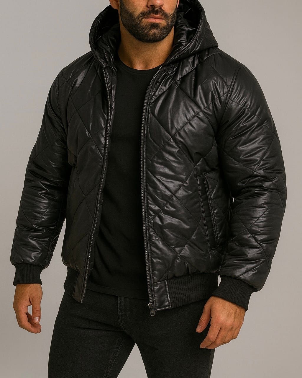 REVERSIBLE LEATHER & FABRIC PUFFER JACKET – BLACK gallery.thumbnail 3