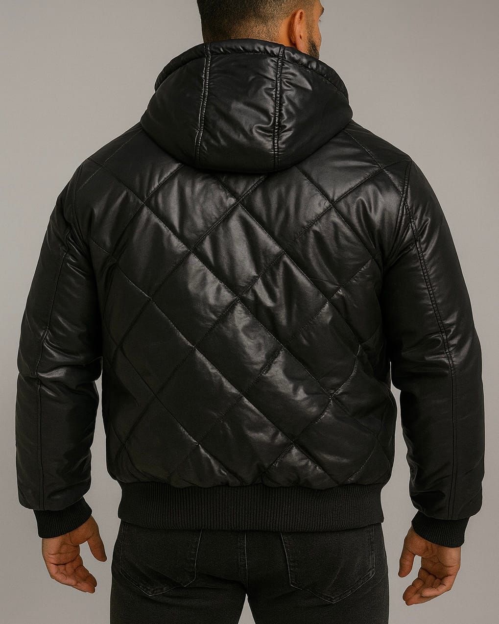 REVERSIBLE LEATHER & FABRIC PUFFER JACKET – BLACK gallery.thumbnail 4