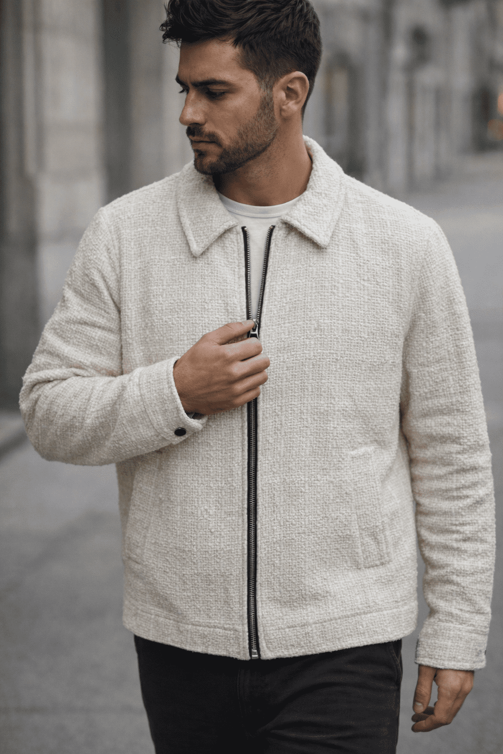 Urban Texture Zip Jacket – Cream gallery.thumbnail 1