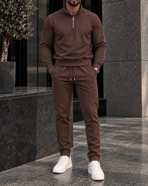 Brown Quarter Zip Tracksuit Set