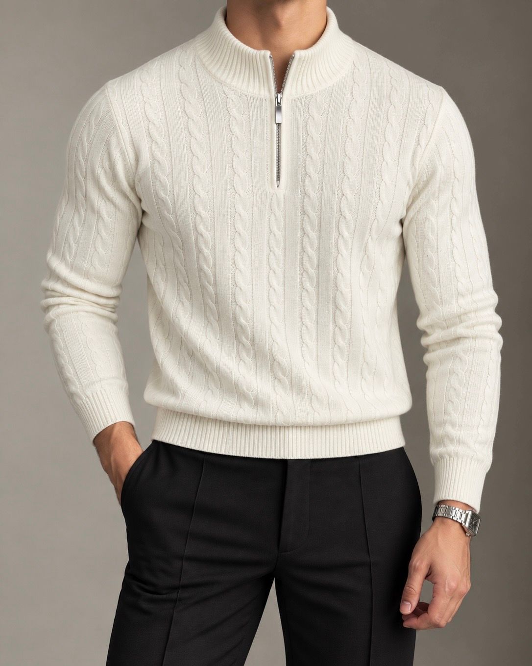 White Textured Half-Zip Knit Sweater 1