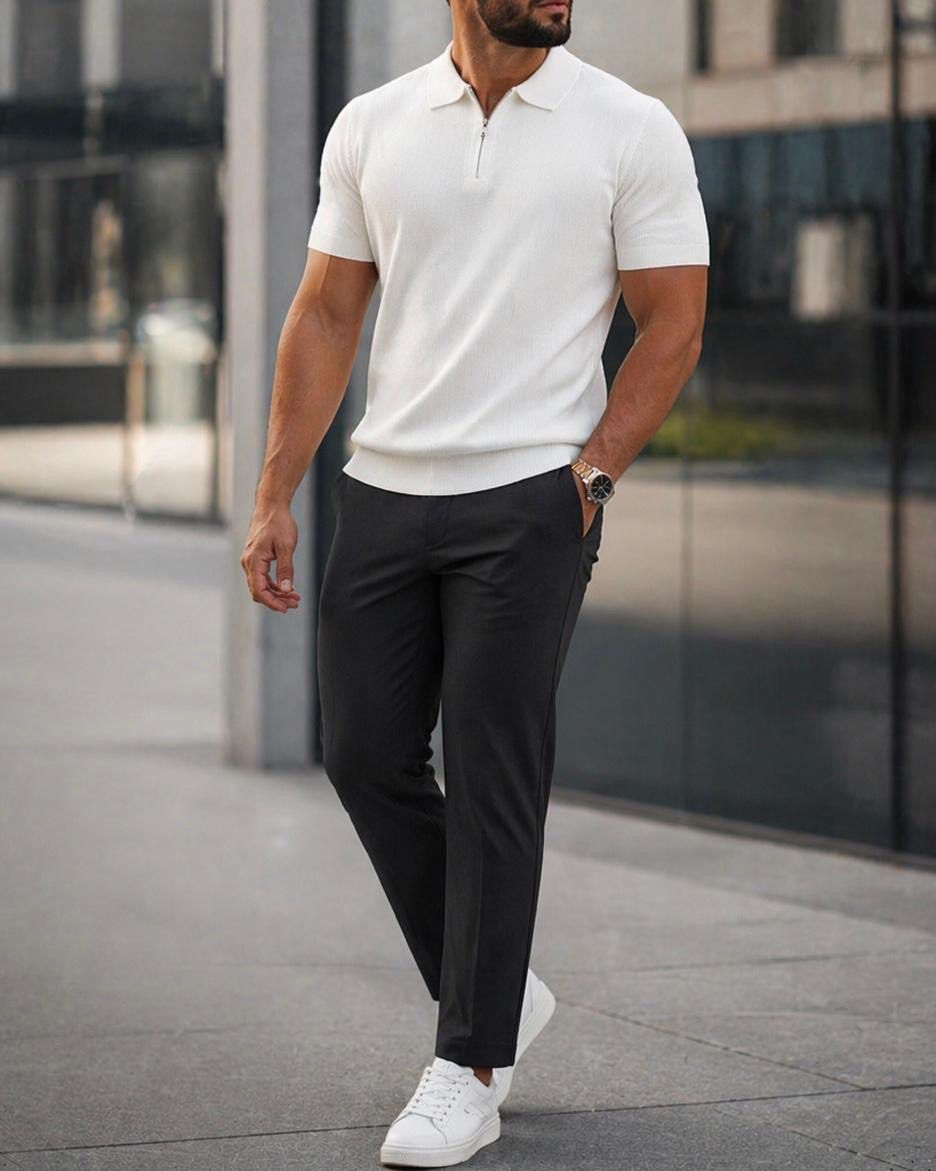 Ribbed Zip Polo Knit – White gallery.thumbnail 2