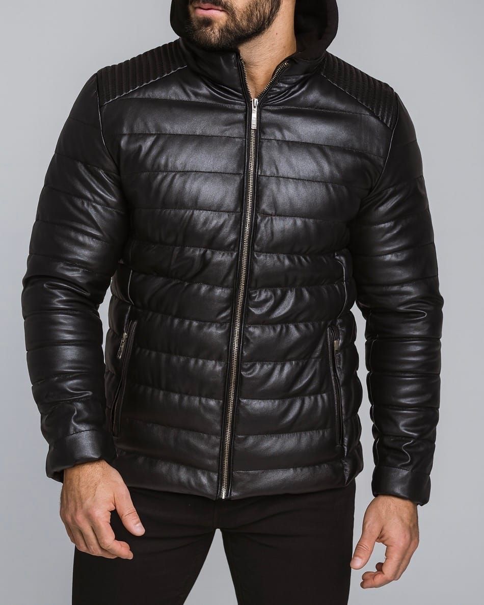 LEATHER PADDED JACKET WITH HOOD – BLACK gallery.thumbnail 1