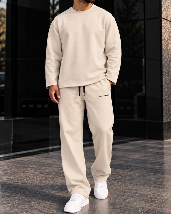 Beige Relaxed Crewneck Tracksuit Set