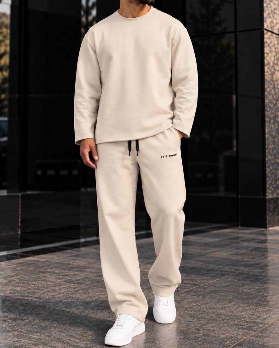 Beige Relaxed Crewneck Tracksuit Set 1