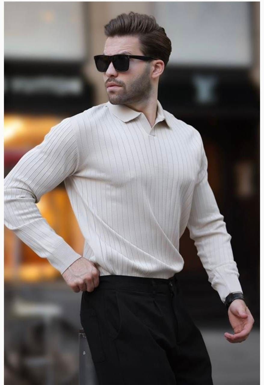 Beige Ribbed Polo Sweater gallery.thumbnail 1