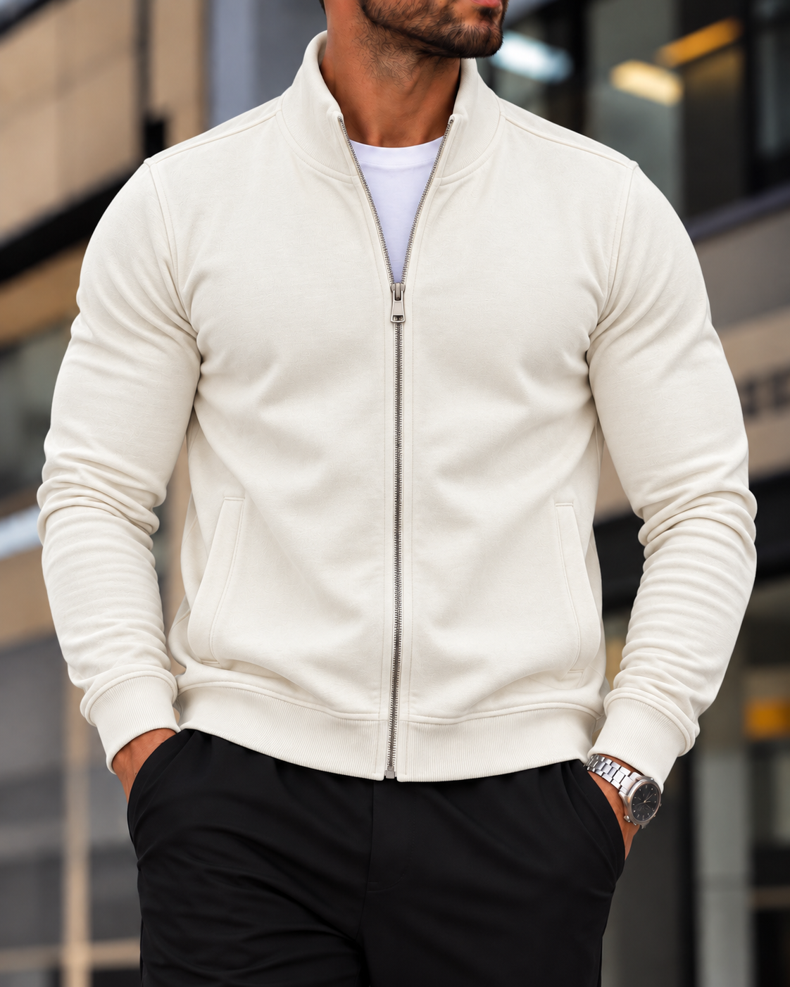 White Stand Collar Zip Sweatshirt 1