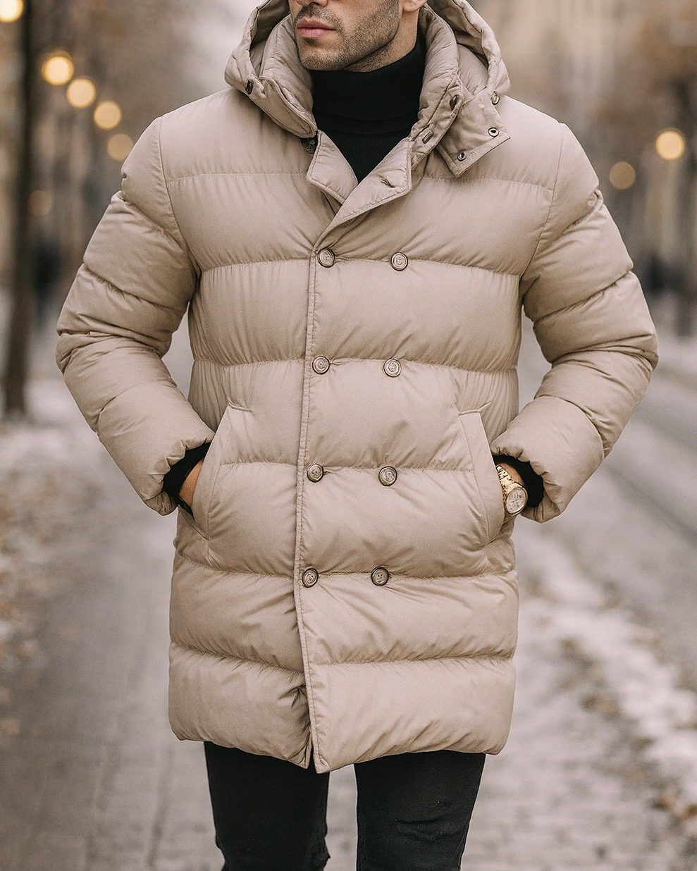 PREMIUM DOUBLE-BREASTED PUFFER JACKET – BEIGE gallery.thumbnail 1