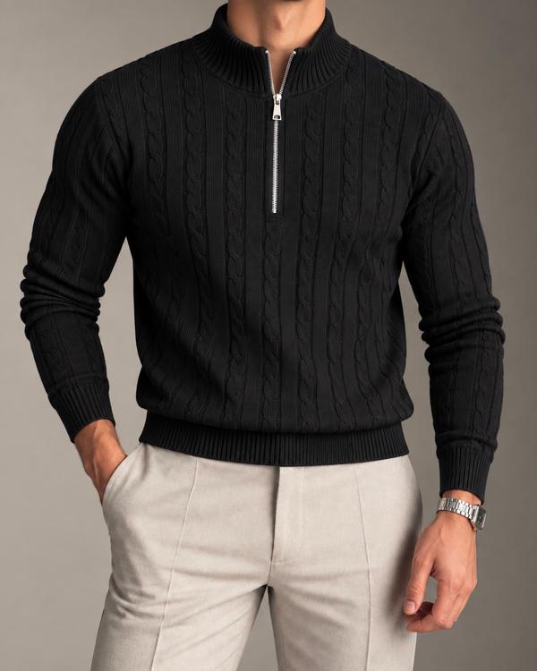 Black Textured Half-Zip Knit Sweater
